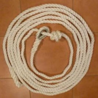 The 10 m Jubb catching rope coiled and showing the stopper knot and thimble.