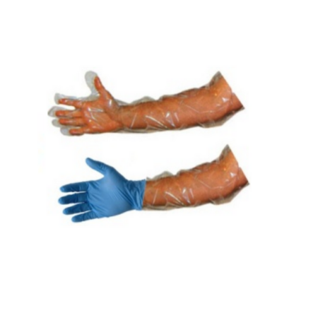 Nitrile long cuff glove can be pulled over a shoulder length glove for extra protection.
