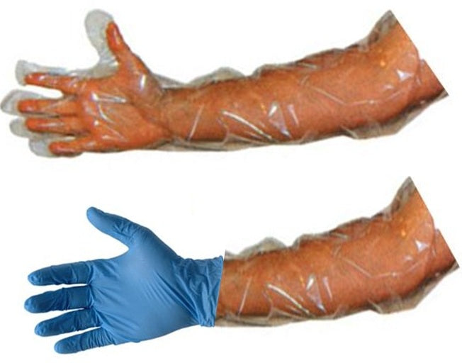 Double gloving with nitrile hand glove over plastic shoulder length glove.