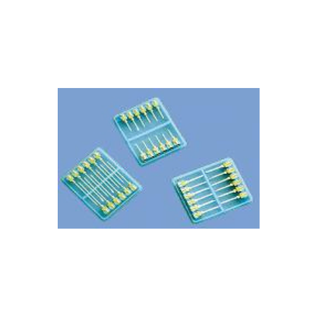 Stainless steel reusable needles in trays of 12 needles.